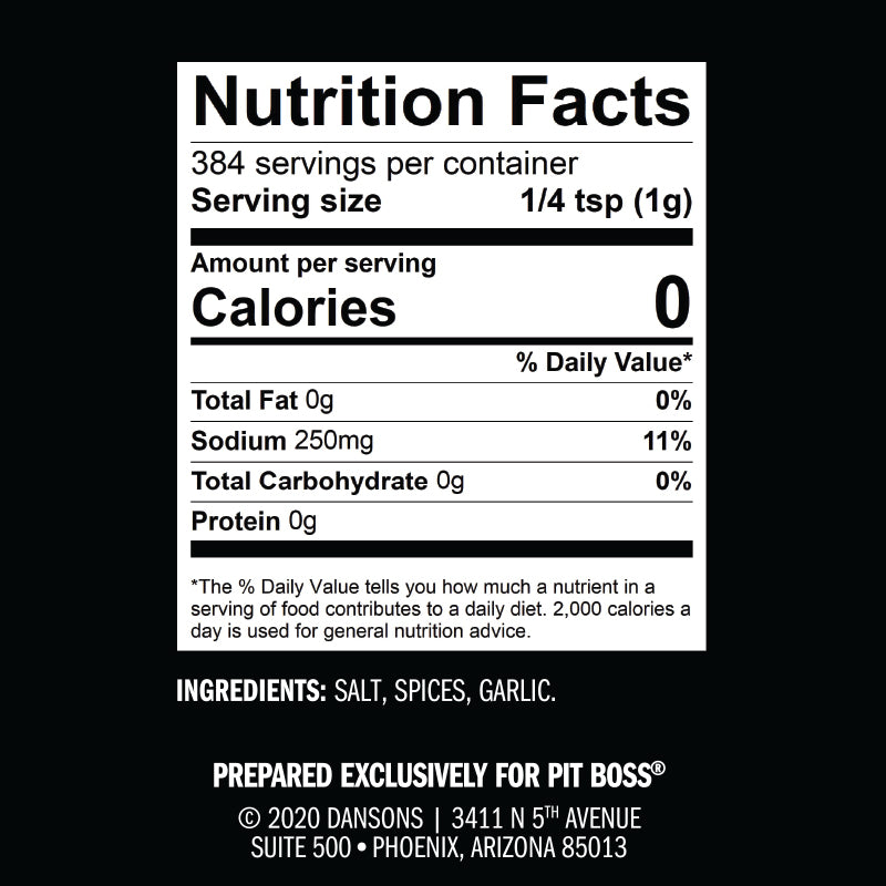 Nutrition facts label for seasoning blend with salt, spices, and garlic.