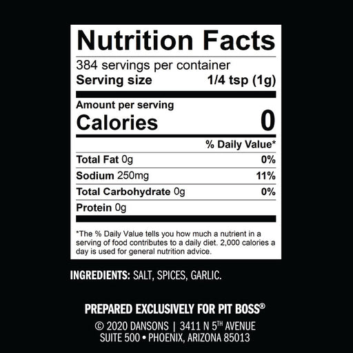 Nutrition facts label for seasoning blend with salt, spices, and garlic.