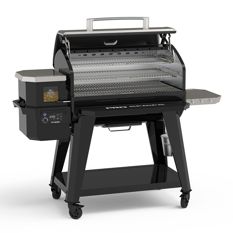 Black PRO 500S pellet grill with digital control panel and three cooking grates.