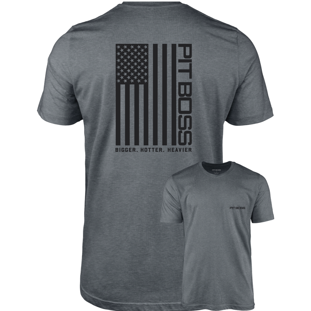 Gray Pit Boss t-shirt with American flag design and "Bigger. Hotter. Heavier." text.