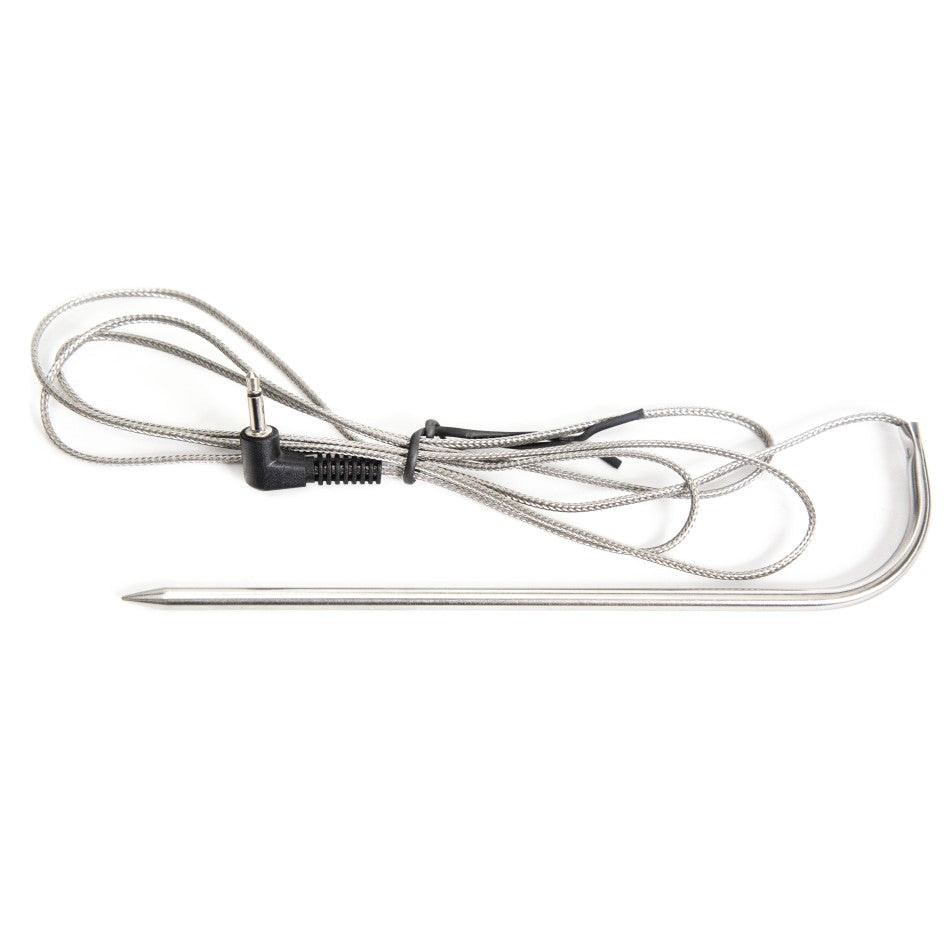 Silver meat thermometer probe with black connector and coiled cable.