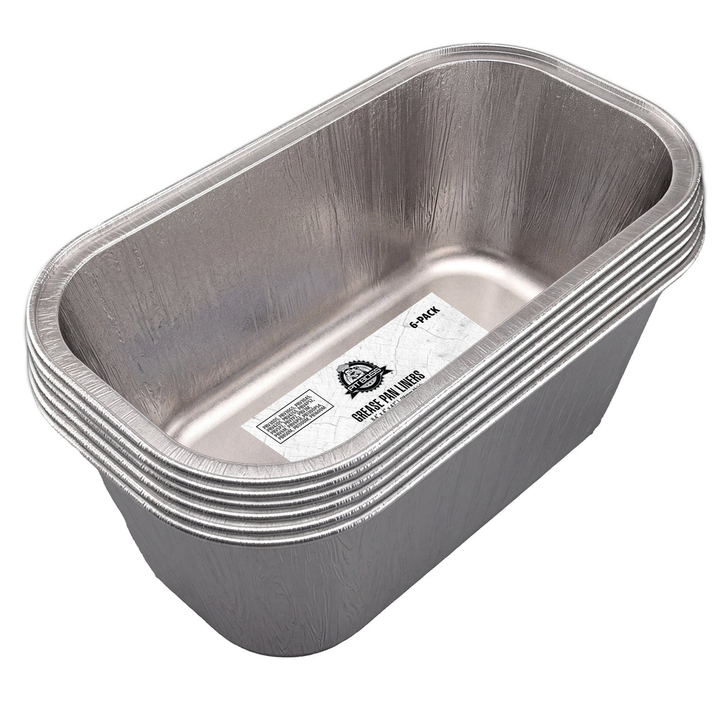 Stack of six rectangular aluminum grill drip pan liners with ridged edges, silver color, labeled for easy identification.