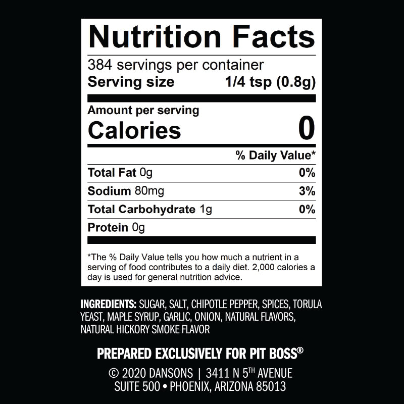 Nutrition facts label for Pit Boss seasoning, 1/4 tsp serving size, 0 calories, 80mg sodium, 1g carbs.
