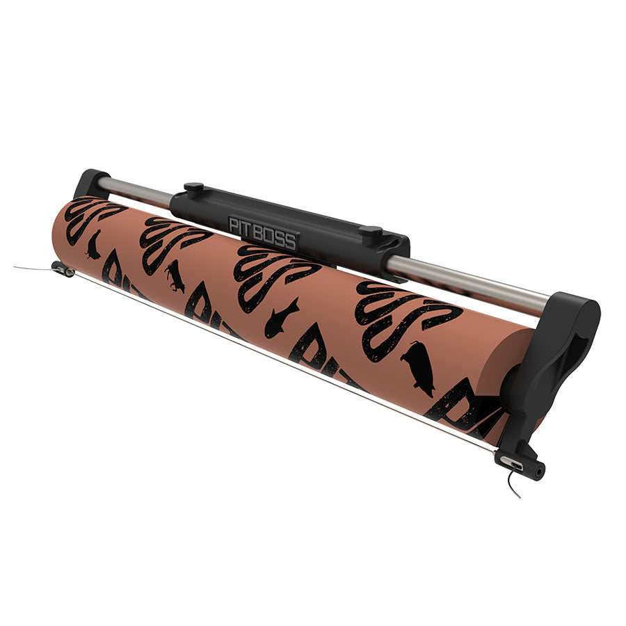Brown Pit Boss banner roll-up display with black text and logo.