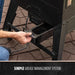 Black outdoor grill with simple grease management system.