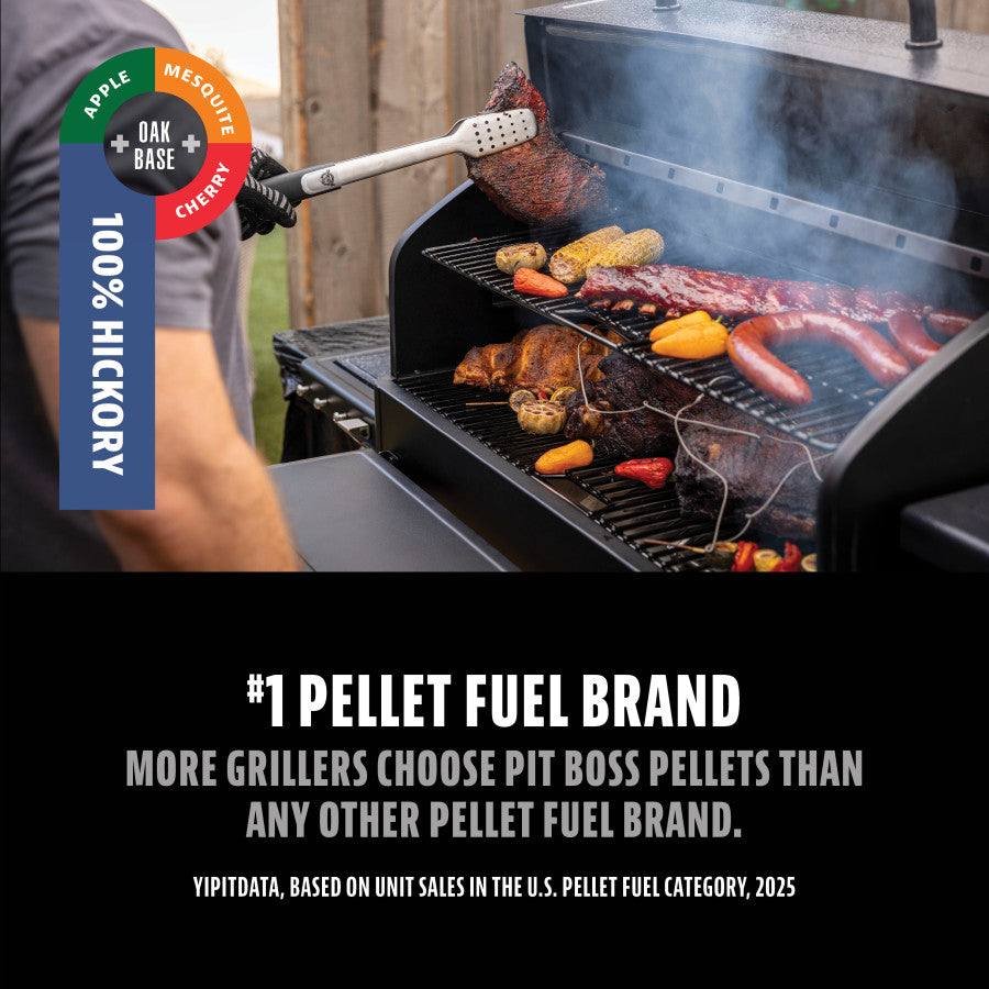 A person grills assorted meats and veggies on a smoker, highlighting Pit Boss 100% Hickory pellet fuel.