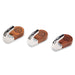 Set of three wooden and silver hooks with engraved logo.