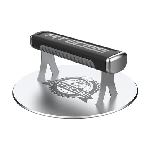 Black and silver Pit Boss grill press with logo.
