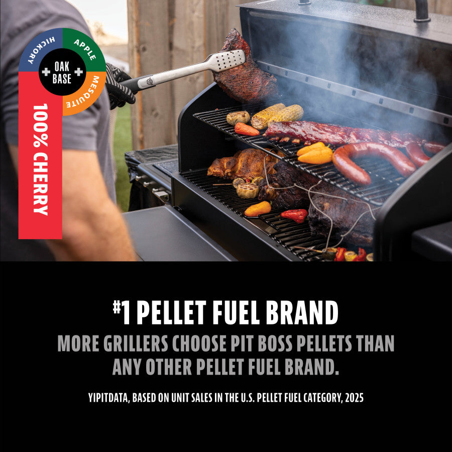 Person grilling assorted meats and veggies on a smoker grill, featuring Pit Boss 100% Cherry wood pellets.