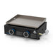 Portable tabletop griddle with two control knobs, flat cooking surface, and black base. Ideal for outdoor grilling.