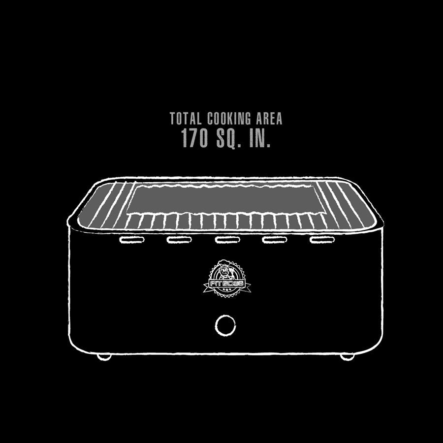Rectangular tabletop grill with 170 sq. in. cooking area, vent slots, and front logo. Black background, white outline.