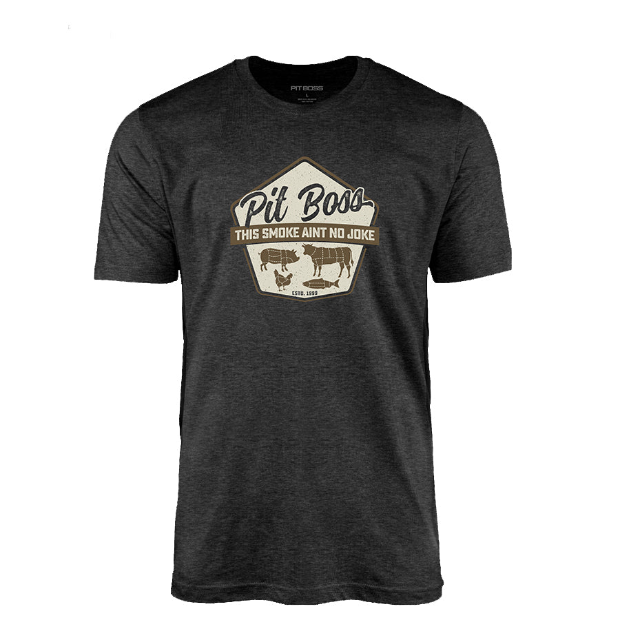 Dark gray Pit Boss t-shirt with "This Smoke Ain't No Joke" design.