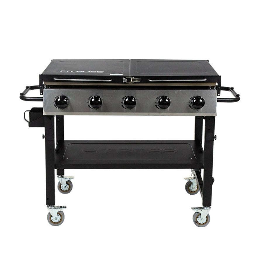 Black Pit Boss 5-burner gas grill with storage shelf and wheels.
