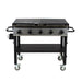 Black Pit Boss 5-burner gas grill with storage shelf and wheels.