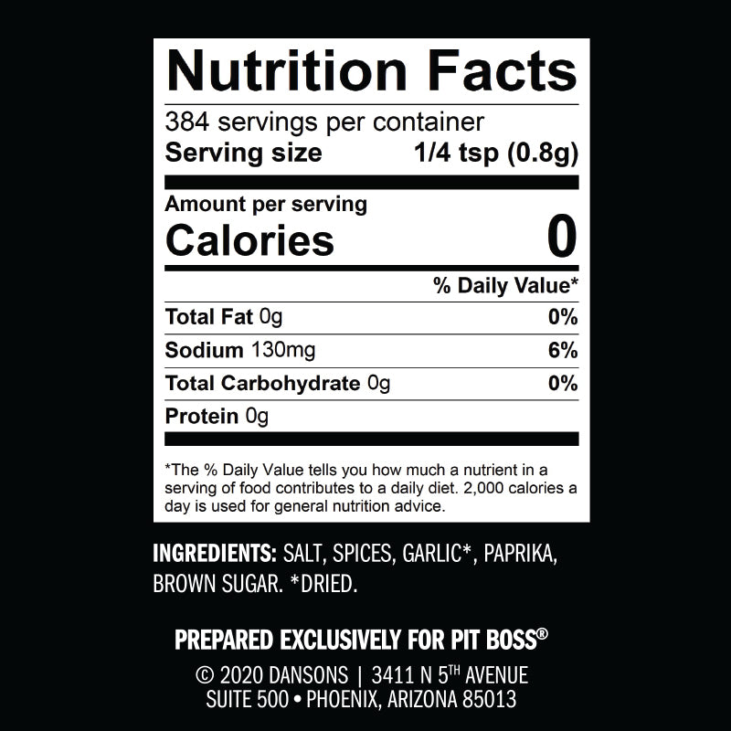 Nutrition facts label for seasoning blend with 0 calories, 130mg sodium, and ingredients: salt, spices, garlic*, paprika.