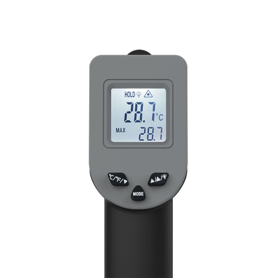 Gray digital thermometer displaying 28.7°C with HOLD and MAX indicators.