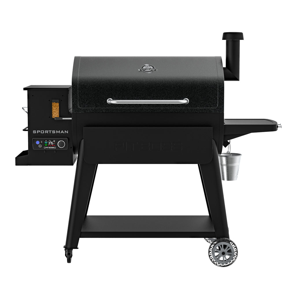 Black Pit Boss Sportsman pellet grill with digital control panel and wheels.