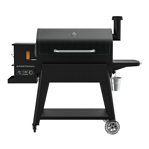 Black Pit Boss Sportsman pellet grill with digital control panel and wheels.