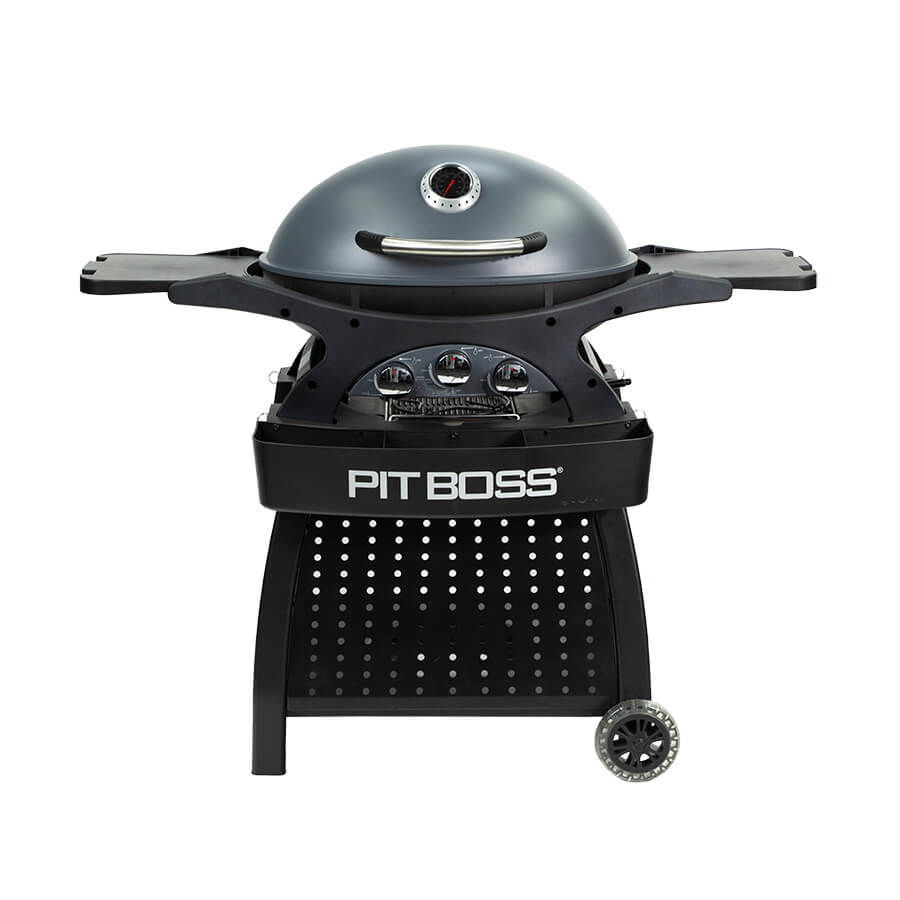 Black Pit Boss electric grill with dome lid and wheels.