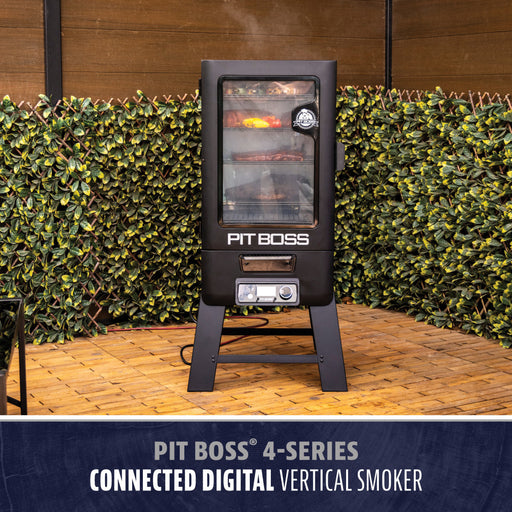 Pit Boss 4-Series Connected Digital Vertical Smoker, black, with glass door and digital control panel.