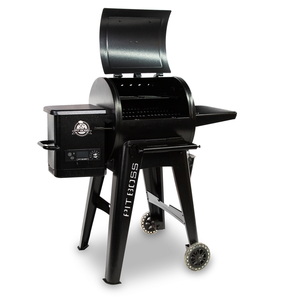 Black Pit Boss pellet grill with control panel and wheels.