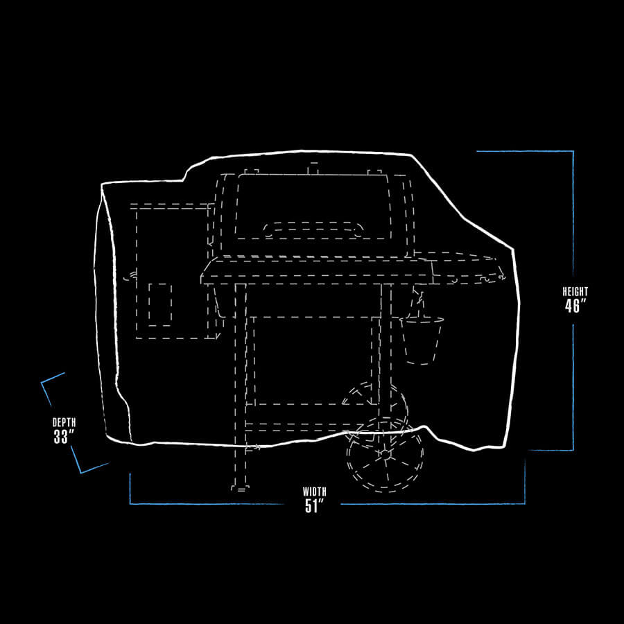 "White grill cover with dimensions: 51" width, 33" depth, 46" height."