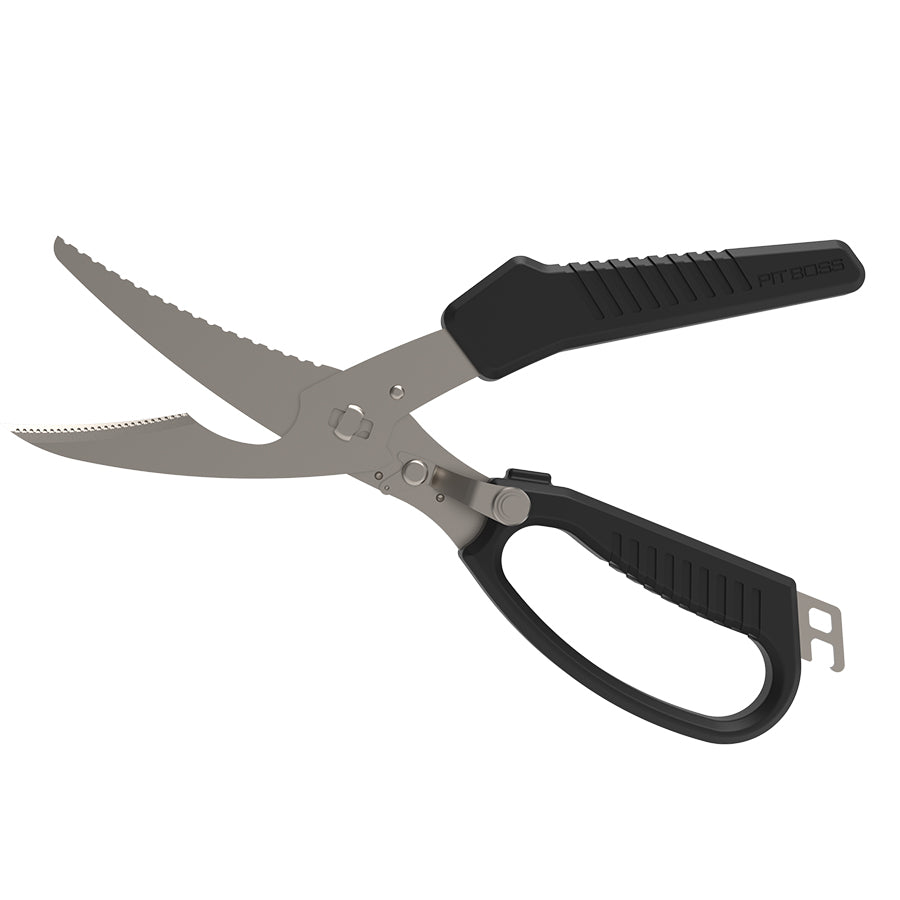 Black Pit Boss multi-tool shears with serrated and straight blades.