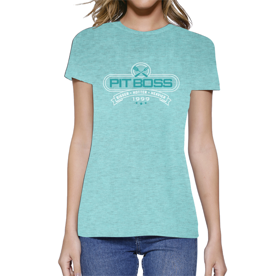 Light blue Pit Boss t-shirt with "Bigger, Hotter, Heavier 1999" design.