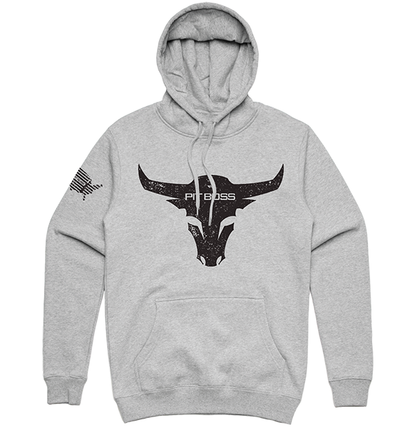 Gray Pit Boss hoodie with bull logo.