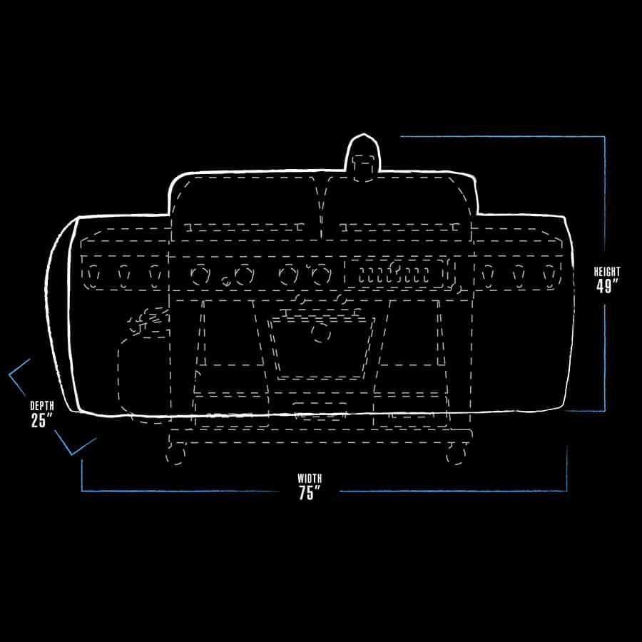 "White outline of a large appliance with dimensions: height 49", width 75", depth 25"."