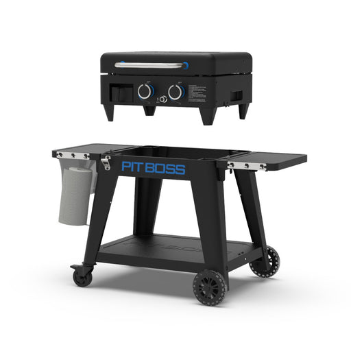 Black Pit Boss outdoor grill with two burners, side shelves, wheels, and a removable top. Bold blue logo on front.