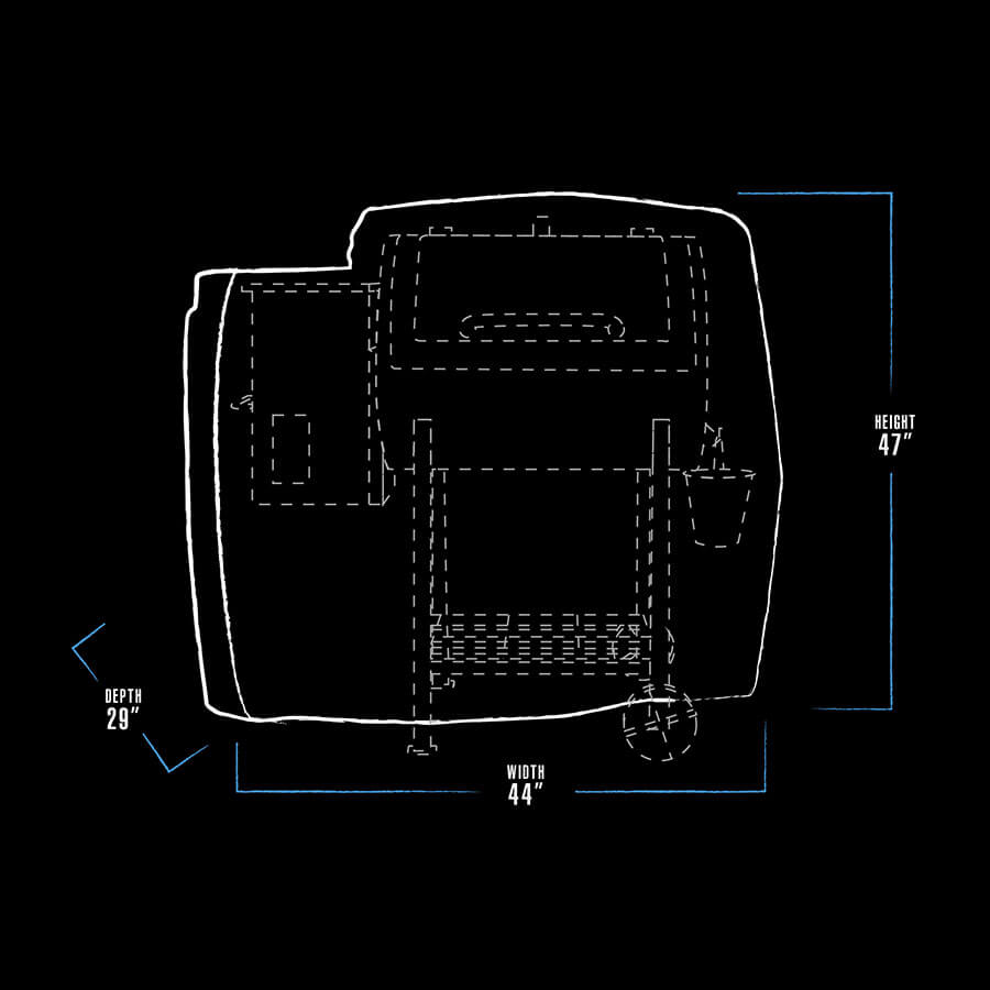 "White outline of a portable generator with dimensions: 44" width, 29" depth, 47" height."