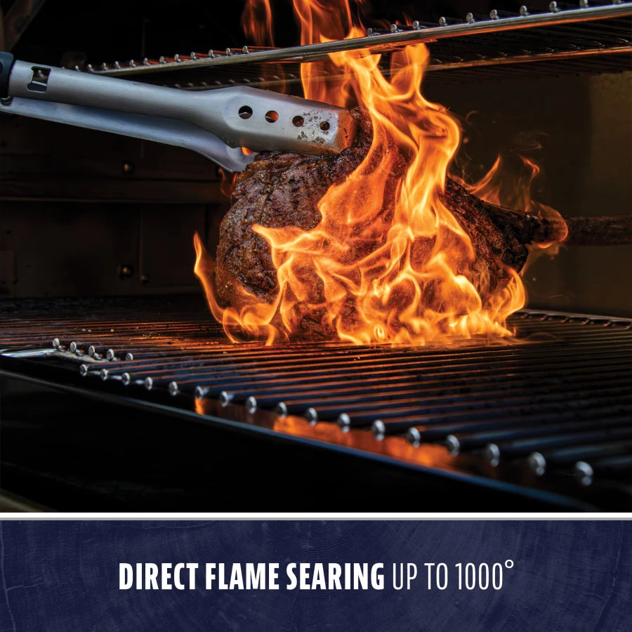 Grill with direct flame searing up to 1000°, showcasing intense fire cooking.