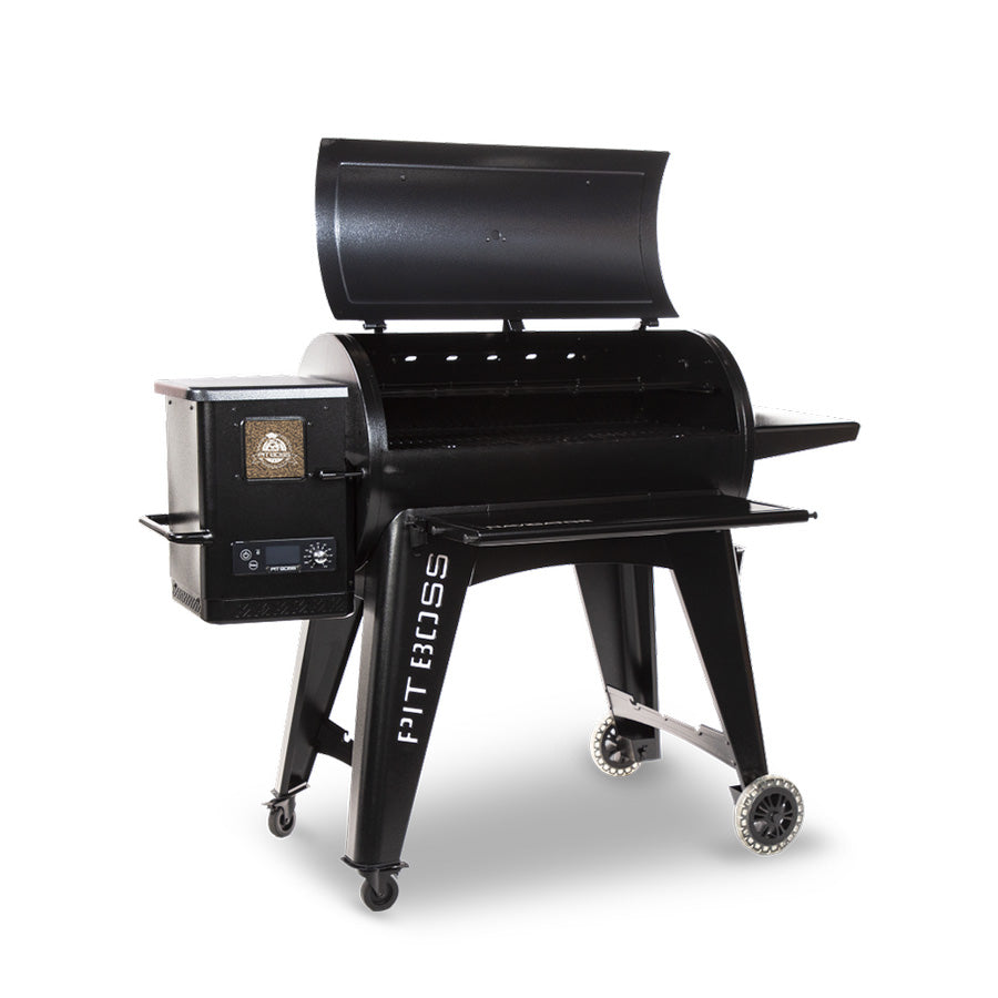 Black Pit Boss pellet grill with control panel and wheels.