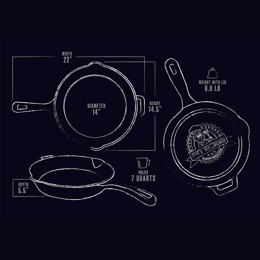 Pit Boss 7-quart cast iron skillet, 14" diameter, 5.5" depth, 9.8 lb with lid.