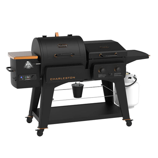 Black Pit Boss Charleston pellet grill with smoker and propane tank.