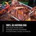 Tray of smoked ribs on branded paper, highlighting 100% all-natural, ethically-sourced oak hardwood with no chemicals.