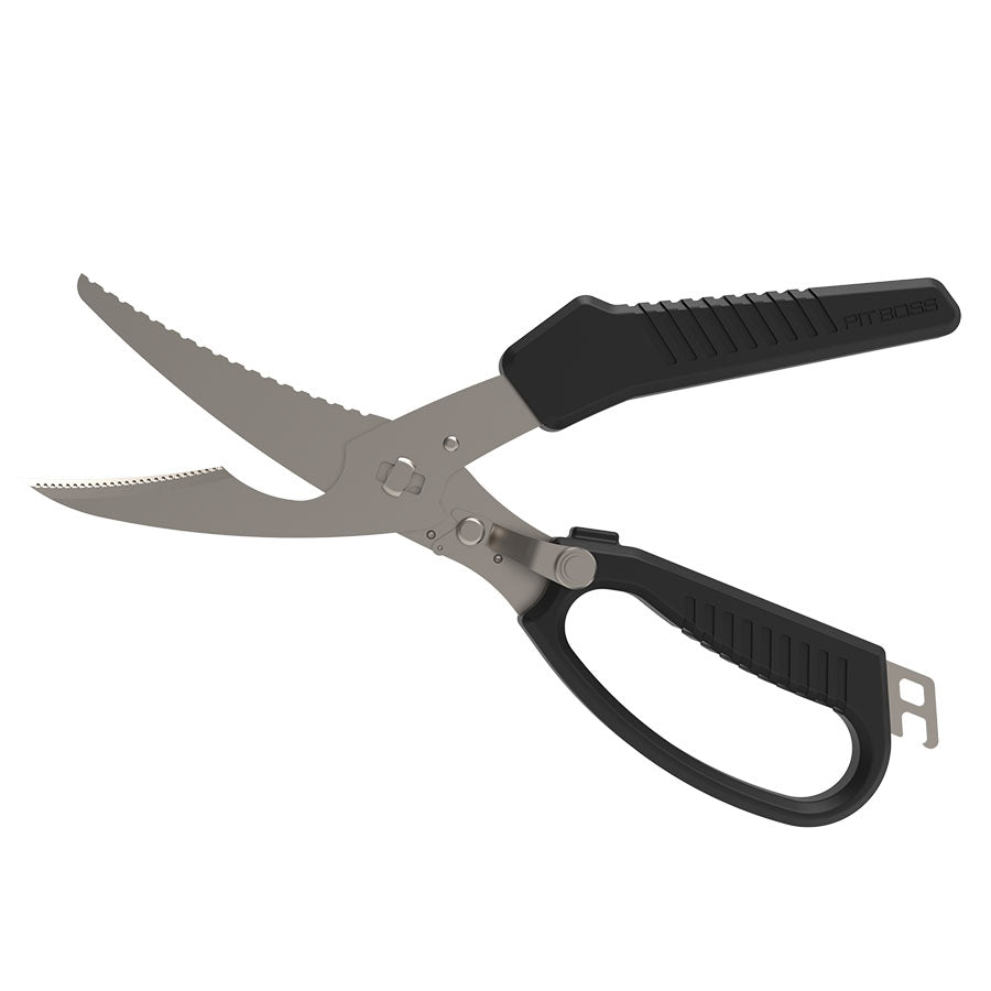 Black-handled PTBOSS multi-tool scissors with serrated blades.
