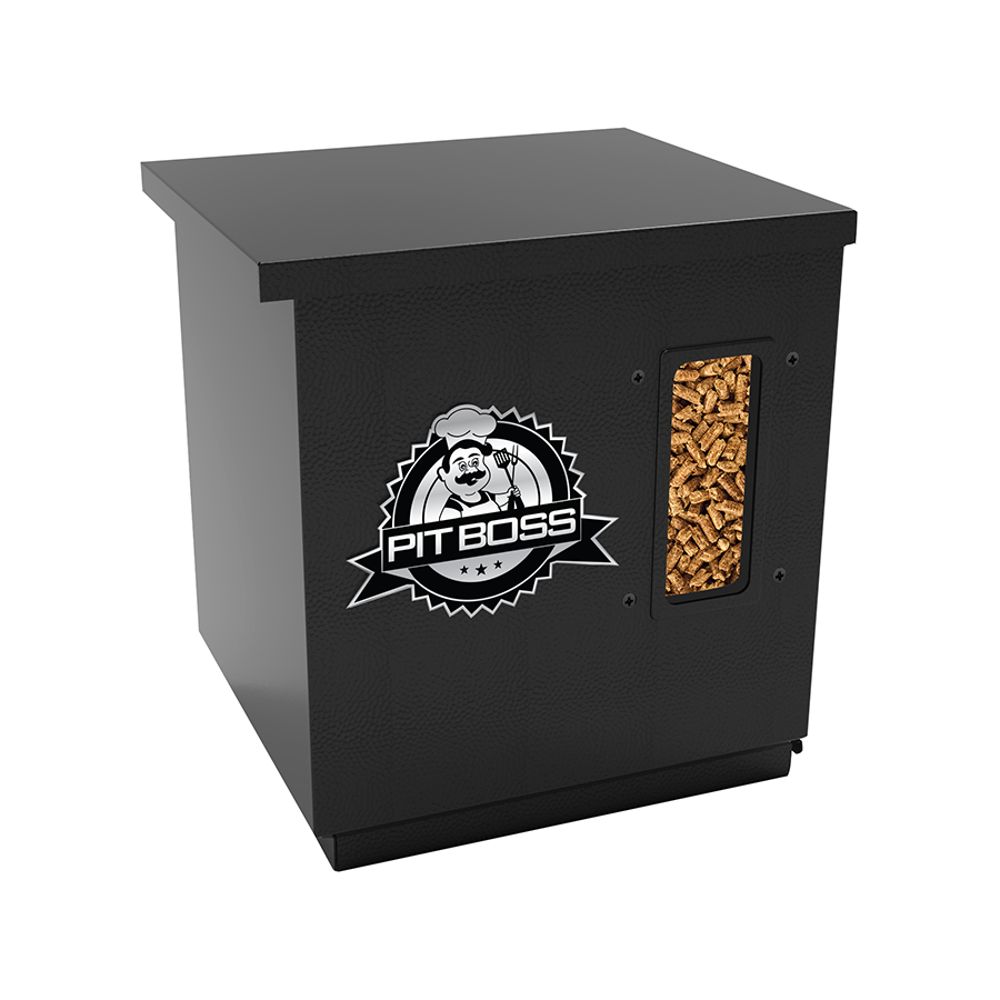 Black Pit Boss pellet hopper with logo and window.