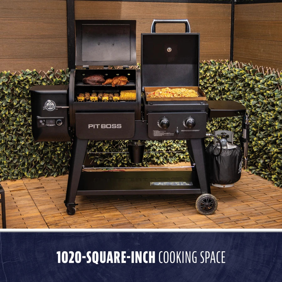 Black Pit Boss grill with 1020-square-inch cooking space, outdoor setup.