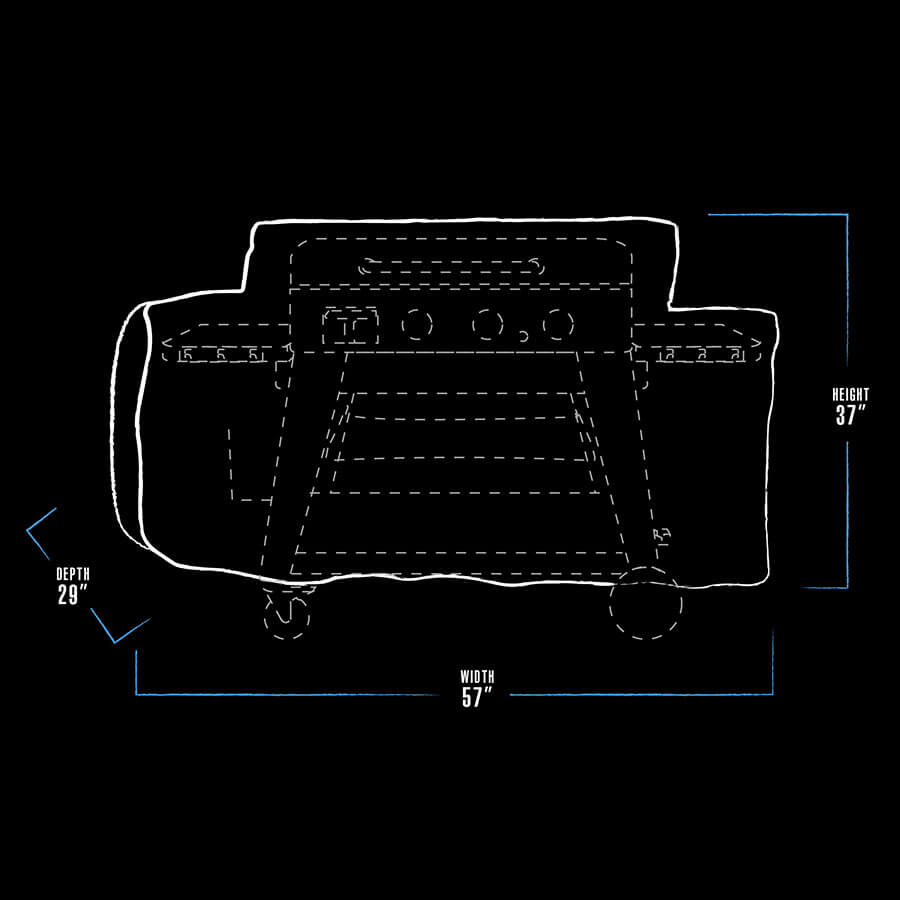 White diagram of a vehicle interior layout with dimensions: width 57", depth 29", height 37".