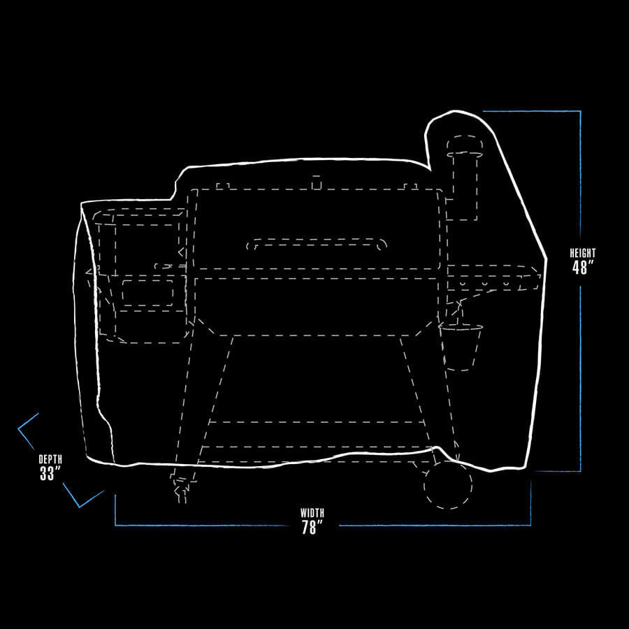 White outline of a grill with dimensions: 78" width, 48" height, 33" depth.