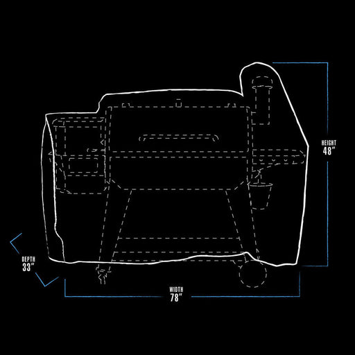 White outline of a grill with dimensions: 78" width, 48" height, 33" depth.