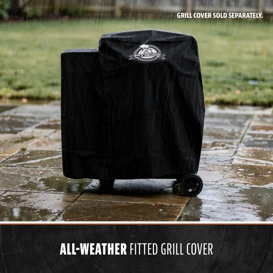 Black all-weather fitted grill cover by Pit Boss.