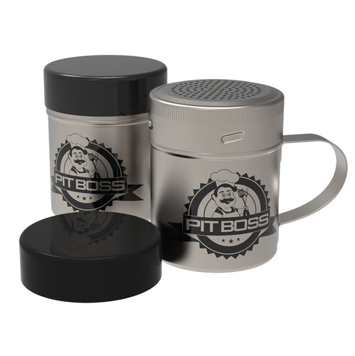 Silver Pit Boss mug with black lid, featuring chef logo and handle.