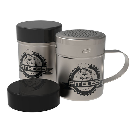 Silver Pit Boss mug with black lid, featuring chef logo and handle.