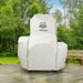 White Lockhart outdoor chair cover on wheels, green background.