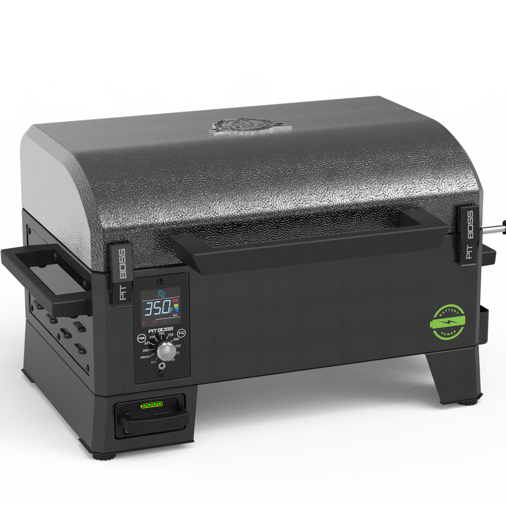 Portable electric grill with digital control panel, side handles, and textured black lid. Temperature display reads 350°F.