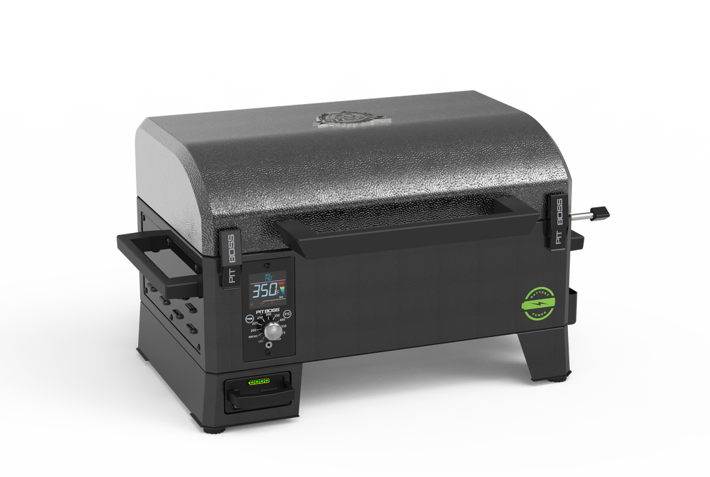 Portable electric grill with digital control panel, side handles, and textured black lid. Temperature display reads 350°F.