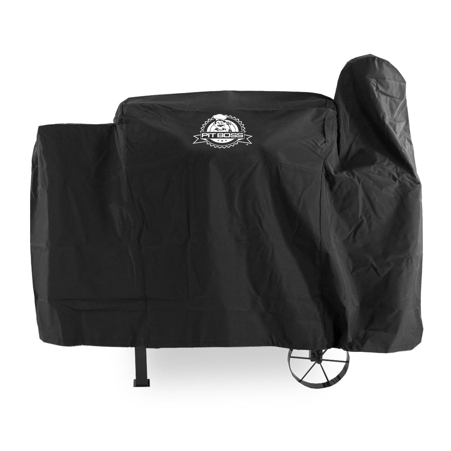 Black Pit Boss grill cover with logo and wheel.